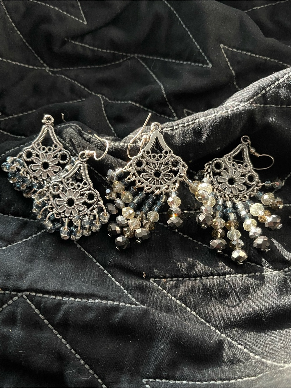 Silver Filigree Chandelier Earrings with Iridescent Beads - hand designed